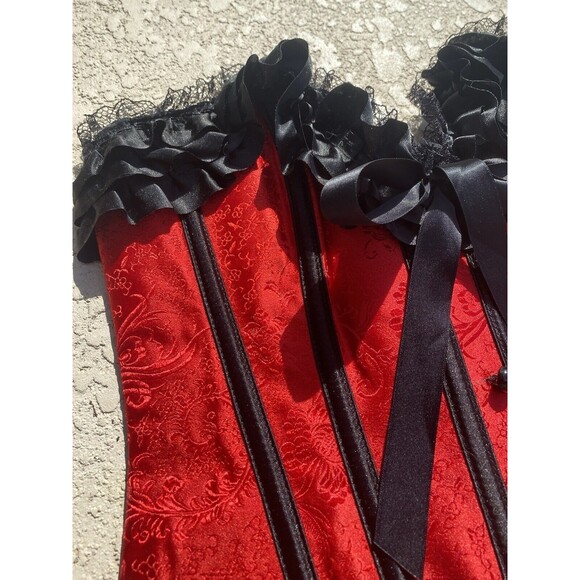 NWT BEDROOM STORIES Over-bust Corset Lace Up Boned Ruffles Womens S Red Black - Picture 2 of 13